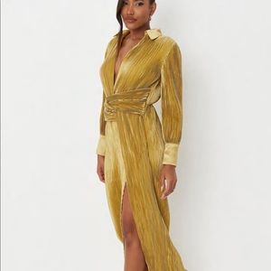 Carli Bybel x Missguided Chartruese Satin Plisse Twist Front Midaxi Dress